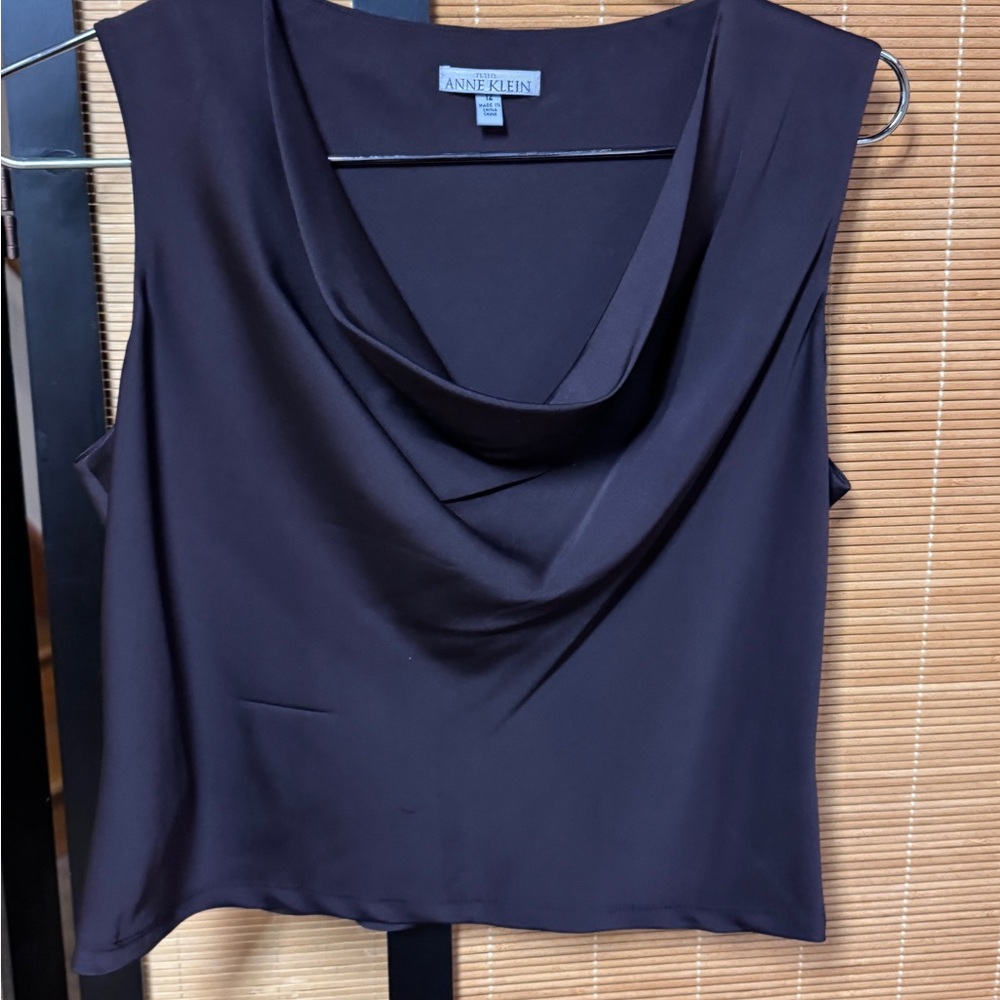 Anne Klein Petite Silk Blend Cowl Neck Tank Top - Dark Brown - Size 12P